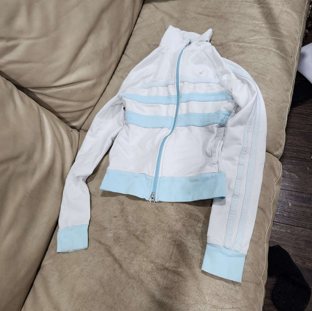 Y2K American Eagle White With Blue Stripes Track Jacket Size Xs
